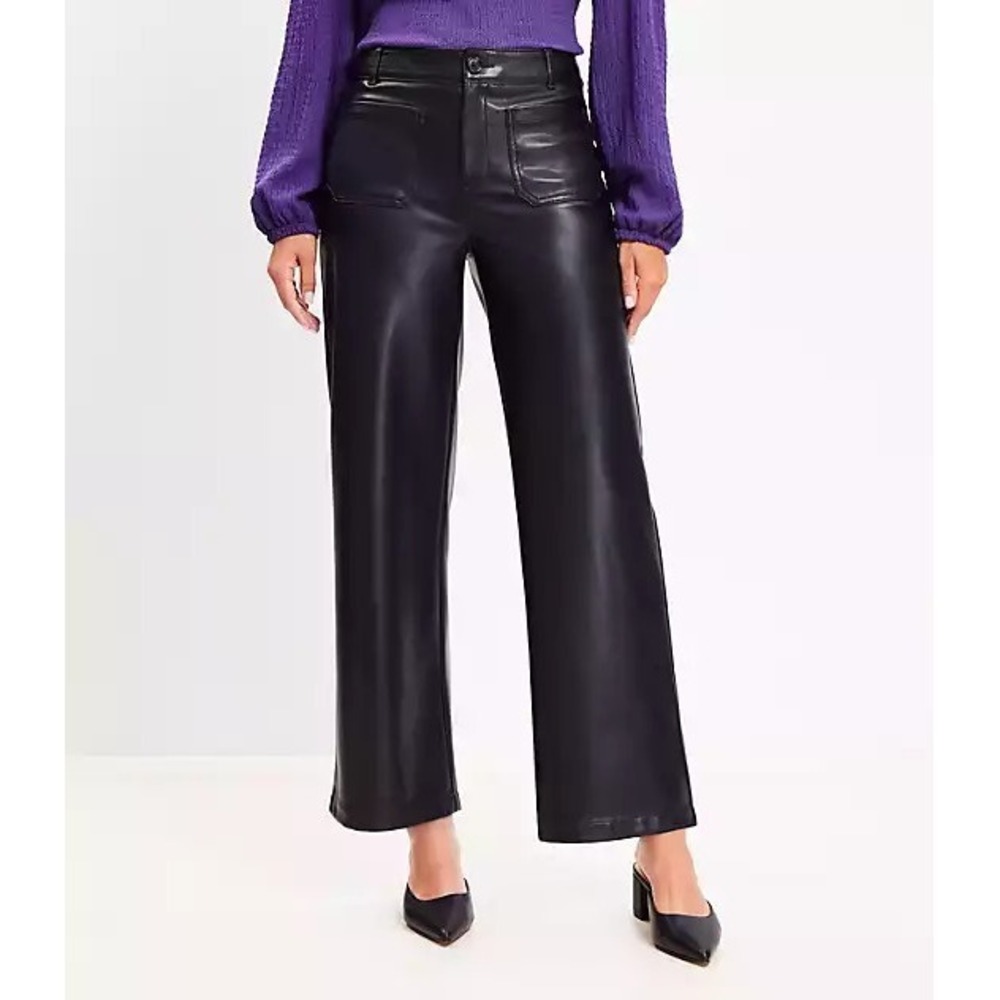 LOFT Pants‎ Womens 10 Black Faux Leather Cropped Straight Leg Ankle Zip Pockets